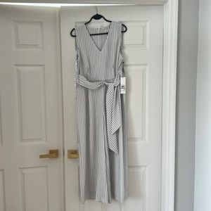 Calvin Klein Womens Size 12 White Black Striped Cropped Belted Wide Leg Jumpsuit